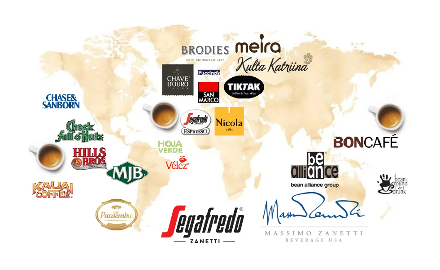 Mapa świata z zaznaczonymi markami Massimo Zanetti Beverage Group